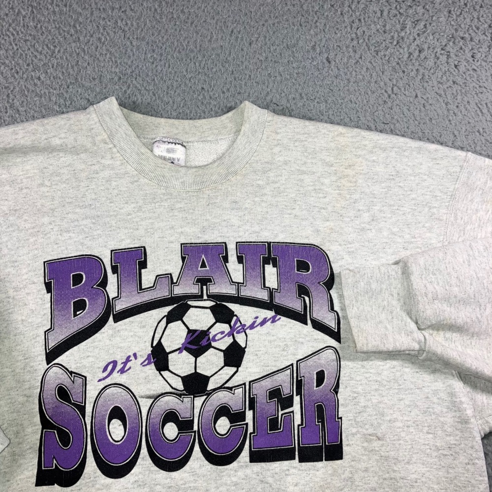 Vtg 90s Fruit of the Loom Sweatshirt XL Gray USA Made Soccer Graphic Thrashed
